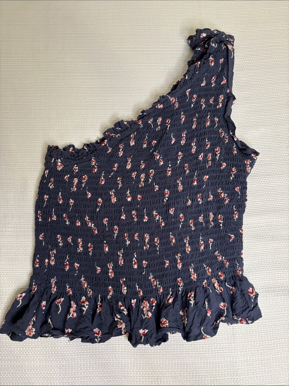 Japna Navy One-Shoulder Floral Smocked Crop Top Size S